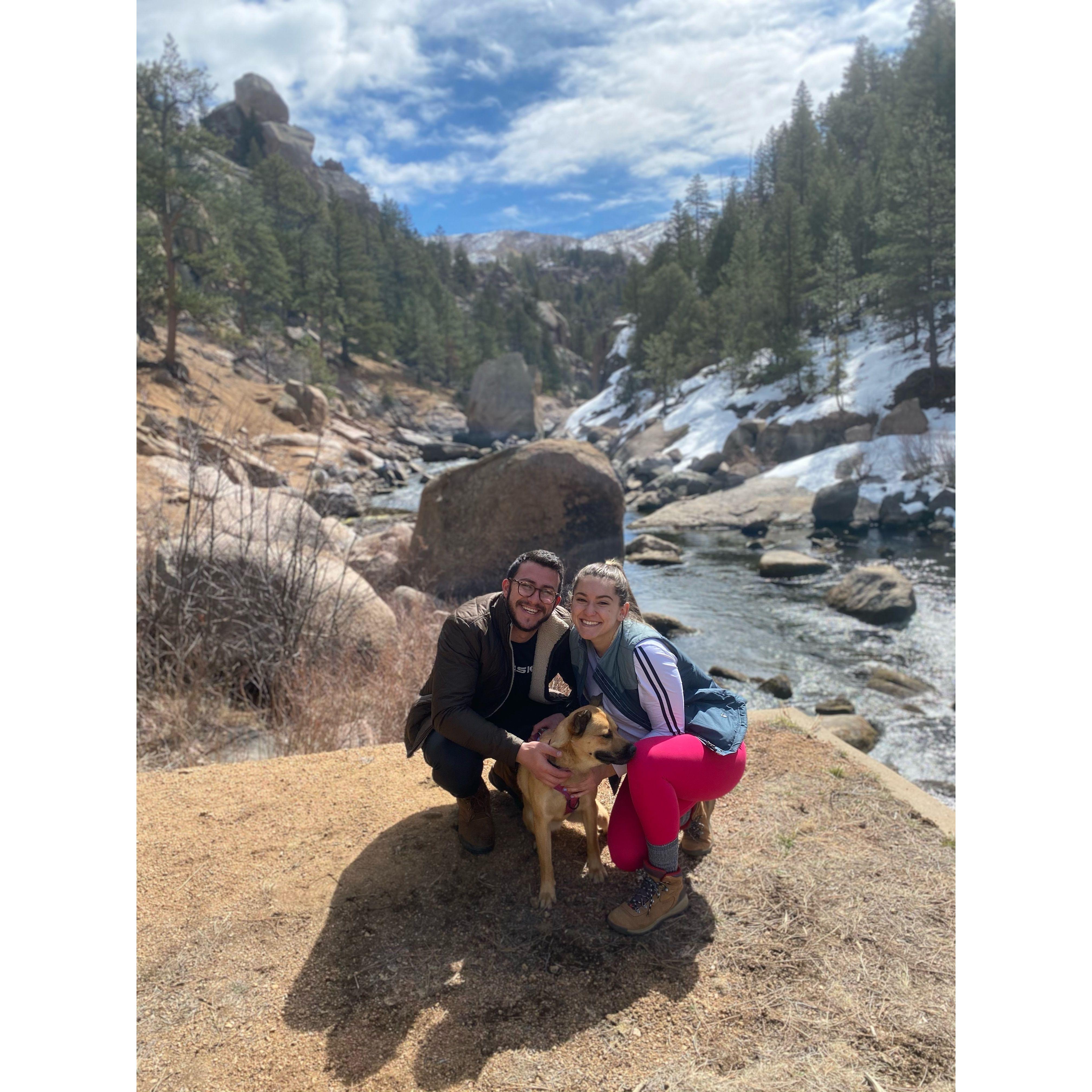 Katie, Jack, and Marlo during a spring hike in Cheesman Canyon, CO
