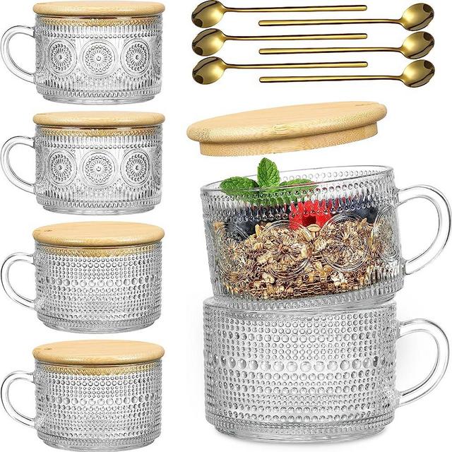 6 Pack Vintage Glass Coffee Mugs, Overnight Oats Containers with Bamboo Lids and Spoons, 14oz Slight Green Embossed Drinking Glasses, Cute Coffee Bar Accessories, for Iced Coffee, Tea, Latte, Gift