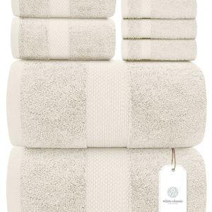Ivory Classic Luxury Bath Towel Set of 8 Pieces - 100% Turkish Cotton Highly Absorbent Towels for Bathroom, 2 Luxury Bath Towels 700GSM, 2 Hand Towels, 4 Washcloths, Ivory