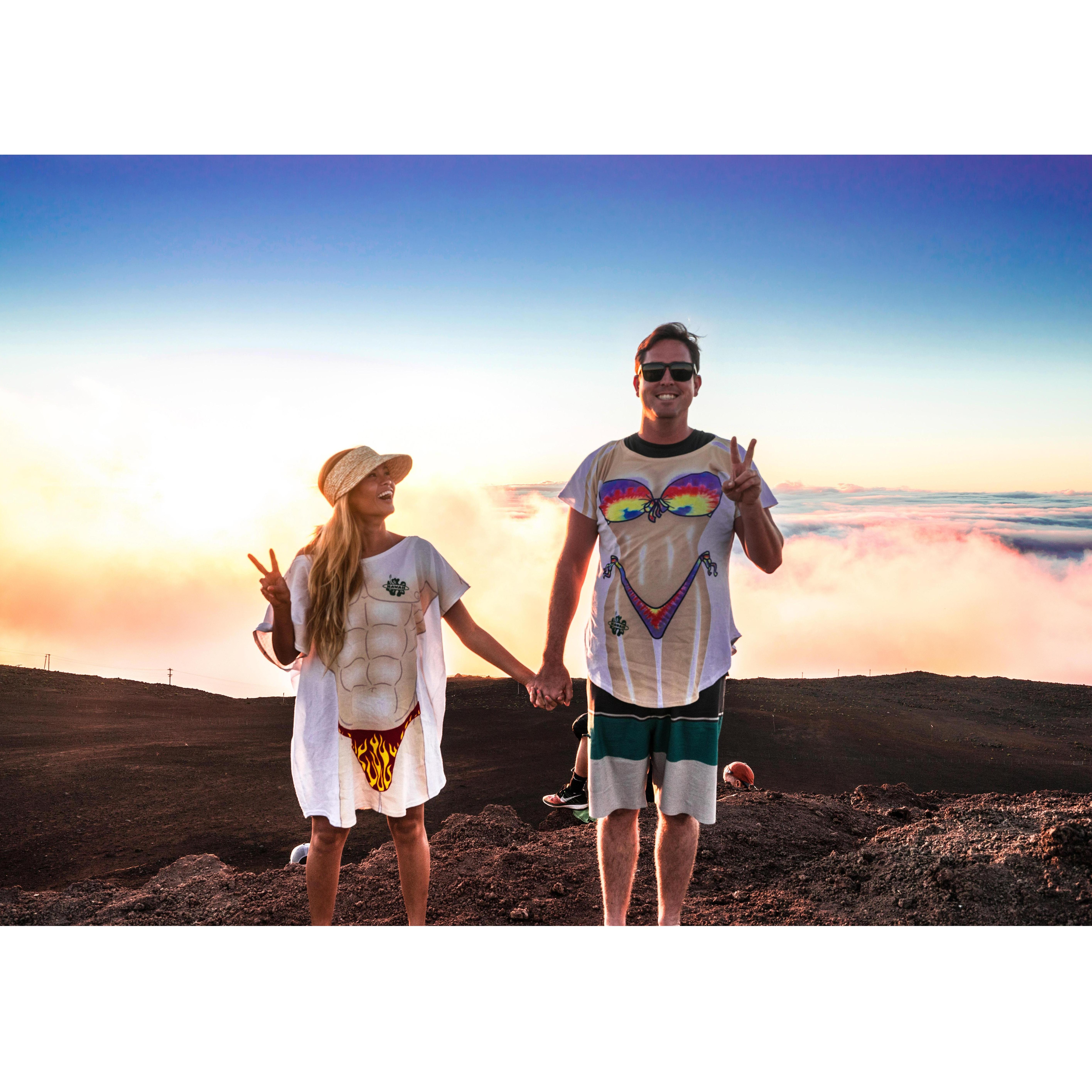 Showing off our beach bodies at the top of Haleakala, Maui.