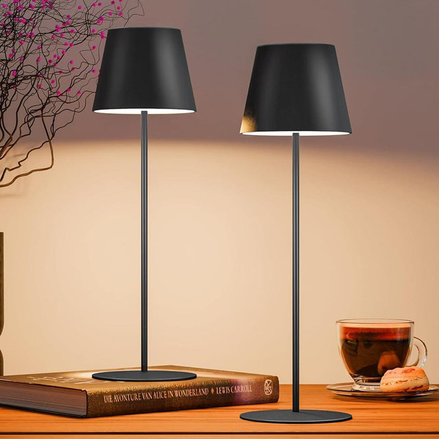 uuffoo 2 Pack Cordless Rechargeable Table Lamps Battery Operated Outdoor Table Lamps with 3 Colors Stepless Dimming, Desk Night Light for Restaurant, Patio, Bedroom, Bar (Black)