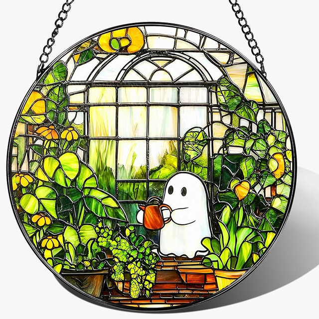 LAOWEIKI 8'' Halloween Ghost Greenhouse Sun Catcher Ornament, Stained Glass Window Hanging, Sun Catchers for Windows Hanging Ornaments, Window Decor, Holiday Present, Ideal Gift | Plant Lovers Gifts