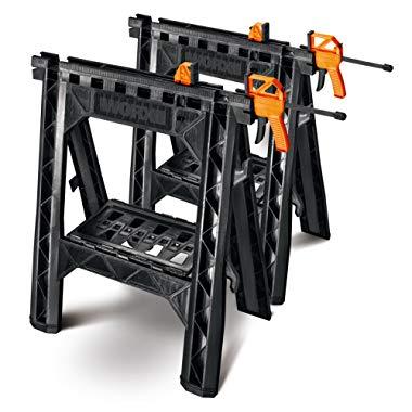 WORX Clamping Sawhorse Pair with Bar Clamps, Built-in Shelf and Cord Hooks – WX065