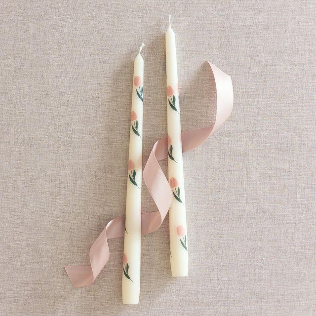 Tulip Taper Candles, Set of 2, Pink Tulips