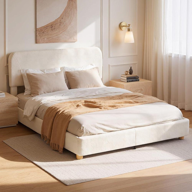 BERRY NEST King Size Cloud Bed Frame, Upholstered Boucle Bed Frame with Adjustable Headboard, Solid Wood Legs, Rounded Corners Design & Easy Assembly – Modern Platform Bed,Cream