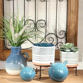 Crosshatch Striped Ceramic Planter on Stand