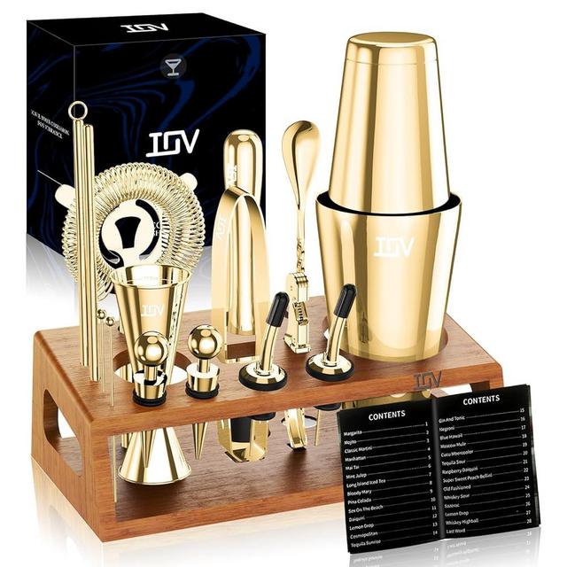 IOV Mixology Bartender Kit Bar Set with Stand | 17-Piece Cocktail Shaker Set | 28oz Boston Shaker Drink Mixer Set with All Essential Accessory Tools | Fun Housewarming Gift (Gold)
