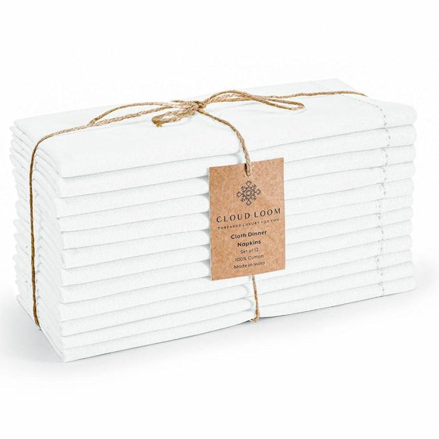 CLOUDLOOM Set of 12 Hemstitch Dinner Napkins 100% Cotton - Soft Durable Reusable Table Napkins - Perfect for Dining Weddings Parties Holidays Christmas and Everyday Use - Cloth Napkins White