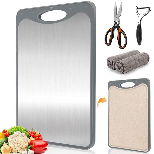 Cutting Board Double-sided, 304 Stainless Steel Kitchen Chopping Board with Easy Grip Handle&Juice Groove for Meat, Vegetables or Fruits, BPA Free, Dishwasher Safe-Send 2 Cleaning Cloths