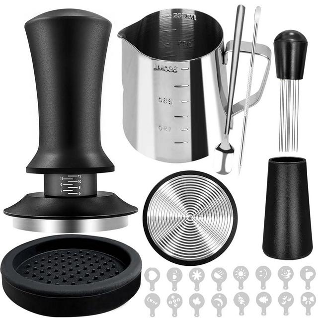 HahaGo 22 PCS Coffee Tamper Set, Espresso Accessories Barista Kit, with 51mm Espresso Tamper, WDT Tool, Frothing Pitcher(350 ml), Latte Art Pen, Coffee Stirrer, Tamper Mat, 16 Coffee Stencils