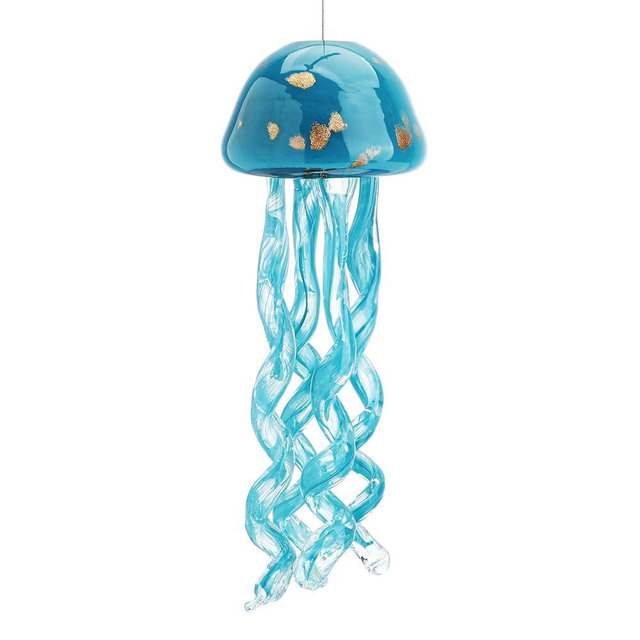 Handblown Art Glass Jellyfish Wind Chime,Glass Jellyfish Hanging Sun Catcher Wind Chime,Wind Chimes for Outside,Sea Glass Blown Wind Chimes for Beach Party,Wedding Decor(Aqua Blue)