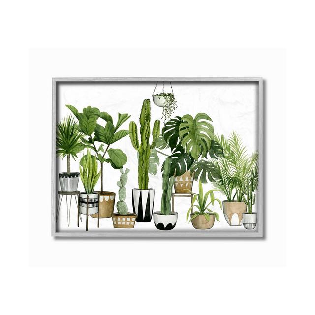 Stupell Industries Boho Plant Scene with Cacti and Succulents in Geometric Pots Watercolor Gray Framed Texturized Art, 11" L x 14" H