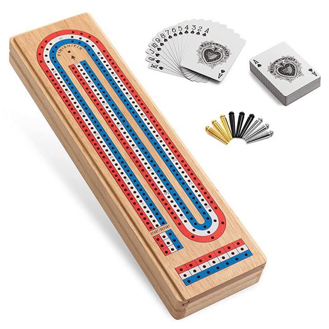 Ceebyfa Cribbage Board Game Set with Large Storage Area, Solid Wood 3 Track Cribbage Board, 9 Metal Pegs, 2 Playing Cards and Instruction. Portable Travel Board Game for All Ages.