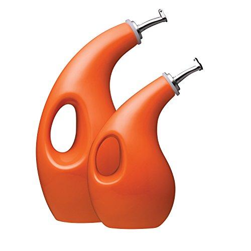 Rachael Ray 53251 Solid Glaze Ceramics EVOO Olive Oil Bottle Dispenser with Spout Set, 2 Piece, Orange