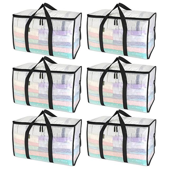 BALEINE 6-Pack Oversized Moving Bags with Reinforced Handles, Heavy-Duty Storage Tote for Clothes, Moving Supplies (Clear)