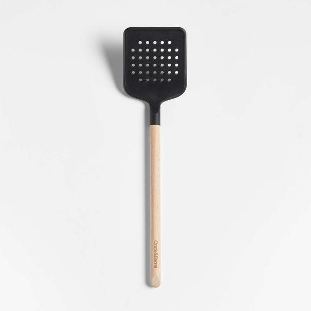 Crate & Barrel Black Silicone and Wood Slotted Turner