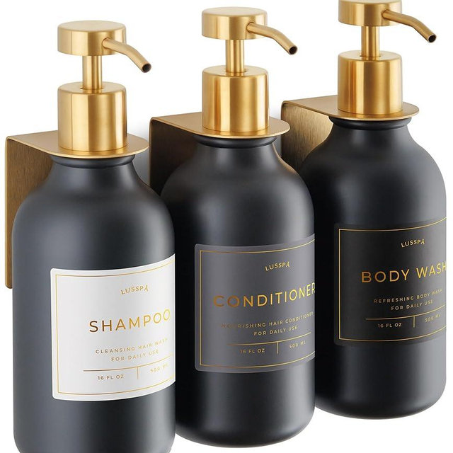 Lusspa Shampoo & Conditioner Dispenser - Shower Soap Dispenser Wall Mounted - Set of 3 16.9 Oz Plastic Bottles with Pump & Holder - Shampoo Dispenser - Shower Dispenser Chamber No Drill (Black/Gold)