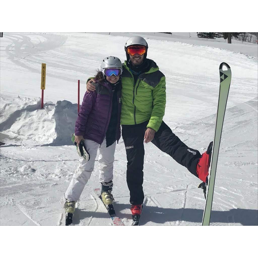 Cody teaching Kayla how to ski, it was pizza all the way down the bunny hill.