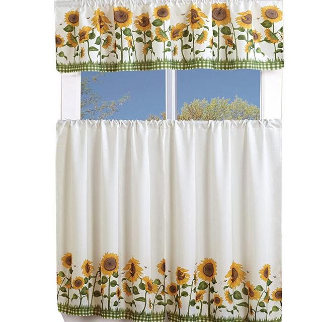 MarCielo 3 Piece Printed Floral Kitchen/Cafe Curtain with Swag and Tier Window Curtain Set, White, Sunflower