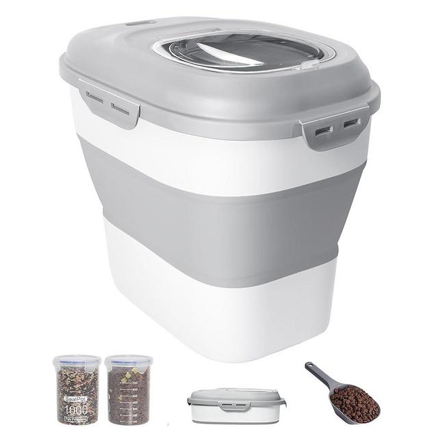 DDMOMMY 30-35 Lbs Dog Food Storage Container Collapsible Dog Food Container with Airtight Lids, Wheels, Scoop and 2pcs Food Storage Containers, Large Pet food storage for Dog, Cat (Grey)