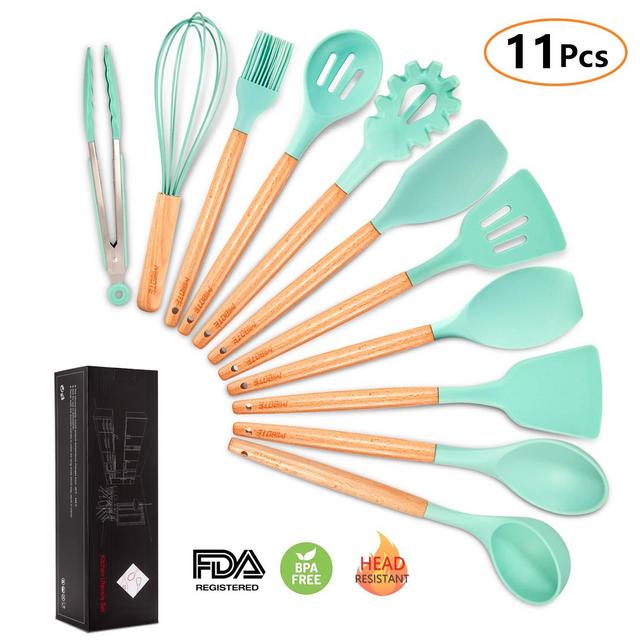 Silicone Cooking Utensils Kitchen Utensil Set, MIBOTE 11 Pieces Acacia Wooden Cooking Tool Turner Tongs Spatula Spoon for Nonstick Cookware - Best Kitchen Tools Gadgets (Green)