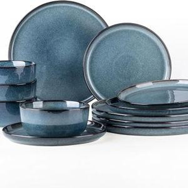 GBHOME Dinnerware Sets for 4, 12 Pieces Stoneware Plates and Bowls Sets, Scratch Resistant Ceramic Dishes, Dishwasher & Microwave Safe, Reactive Glaze-Blue Horizon