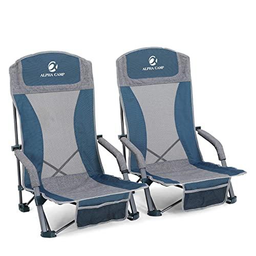 ALPHA CAMP Low Beach Camping Folding Chair, High Mesh Back Ultralight Backpacking Chair with Cup Holder & Carry Bag Compact & Heavy Duty Outdoor, Camping, BBQ, Beach, Travel, Picnic, Festival,2PC