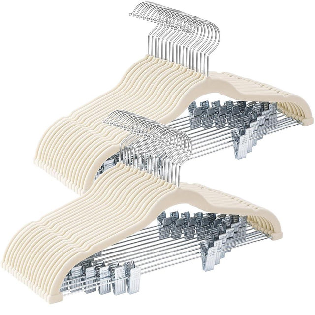 Ulimart 36-Pack Beige Velvet Hangers,Pants Hangers with Clips Adjustable,Felt Hangers,Heavy-Duty,Non-Slip,Space Saving,Slim Clothes Hangers for Pants, Skirts, Suits,Coats, Dresses ect.