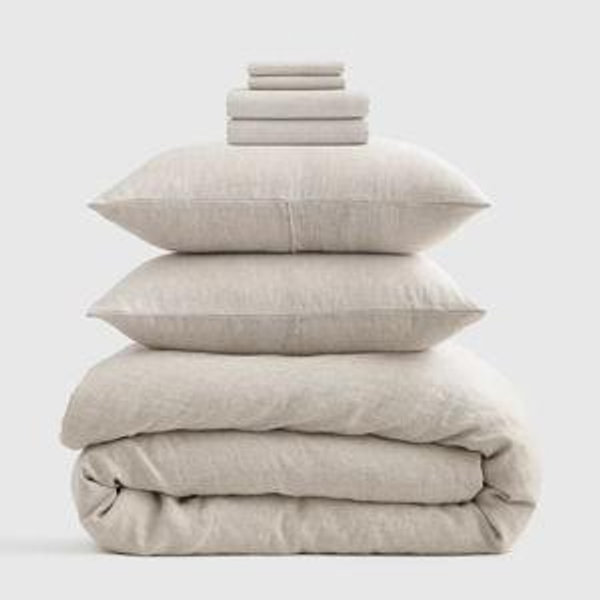 European Linen Chambray Deluxe Bedding Bundle in Queen Natural