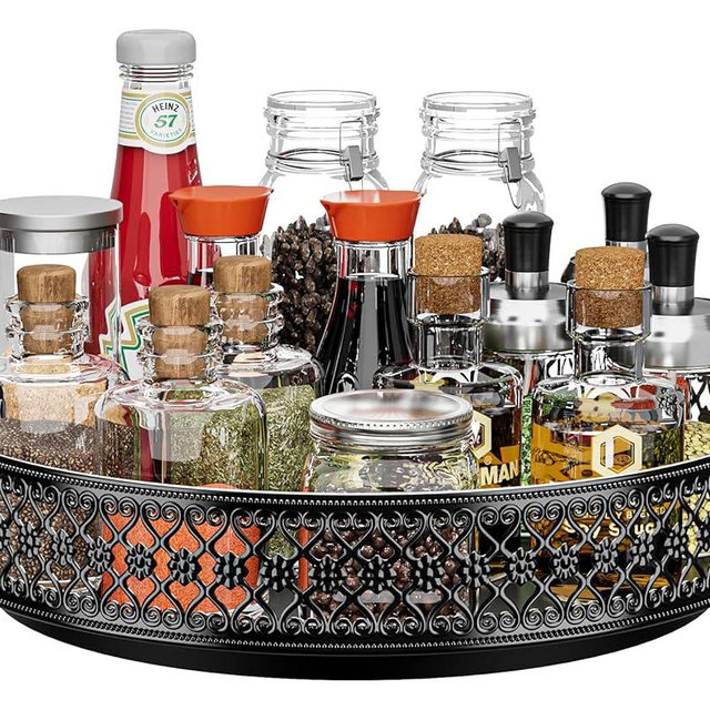 Ovicar Lazy Susan Organizer Turntable - 11 inch Rotating Spice Rack Metal Lazy Susan for Cabinet Pantry Kitchen Countertop Dining Table Cupboard Bathroom Refrigerator Vanity Black