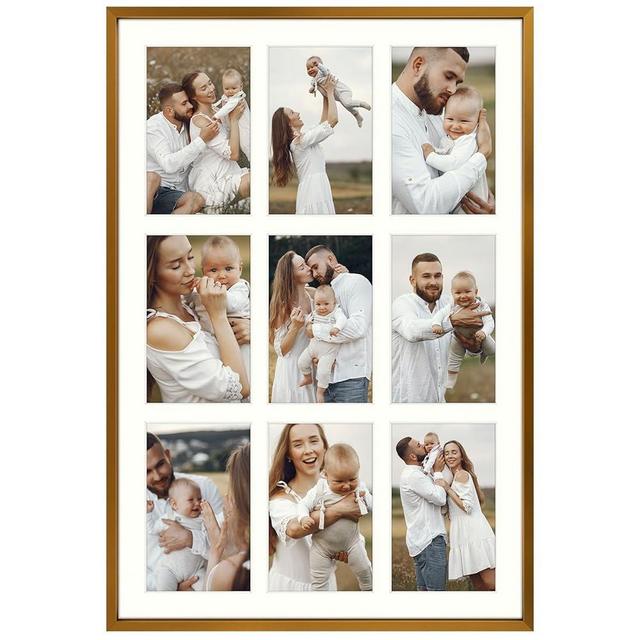 Golden State Art, 9-4x6 Collage Aluminum Picture Frame, Display Nine 4x6 Photos with Ivory Mat or One 13.6x19.7 Without Mat, Tempered Glass, Wall Mounting, Bronze (1 Pack)