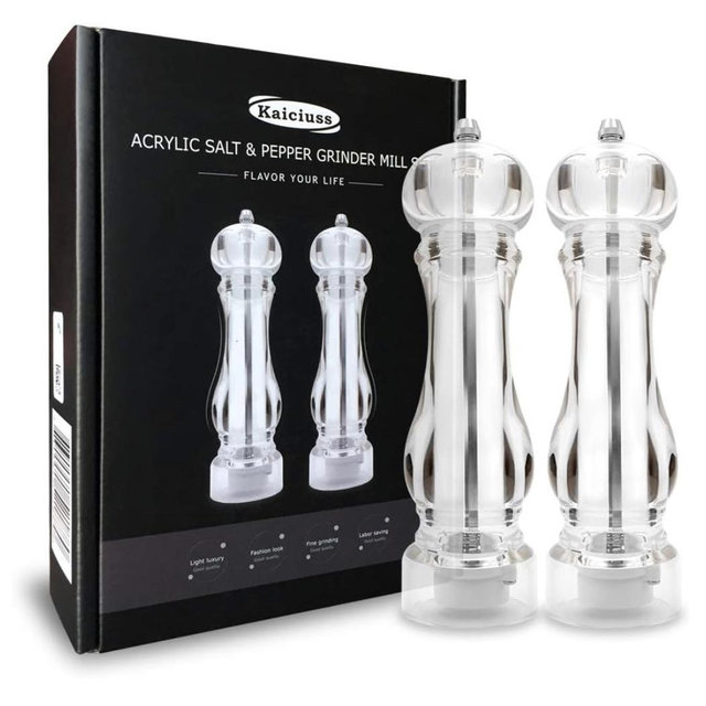 salt and pepper grinder mill set refillable large,the best transparent acrylic grinders for whole peppercorn and himalayan salt