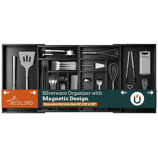 Silverware Organizer Large, Magnetic Connected Expandable 13 Slots Silverware Drawer Organizer From 21 to 37.4 Inches, Adjustable Flatware and Cutlery Holder, Bamboo Utensil Tray for Kitchen Black
