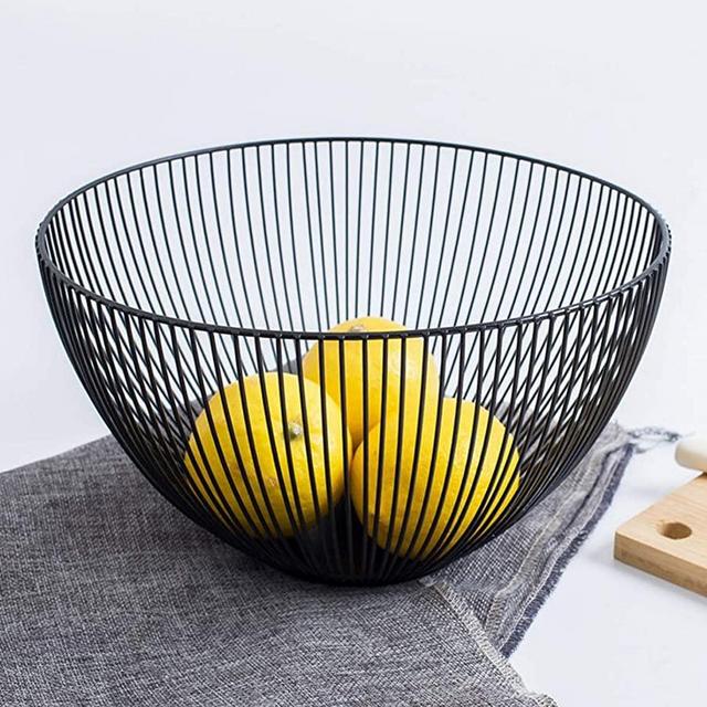 Yesland Wire Fruit Basket, Metal Round Black Fruit, Egg, Vegetable and Bread Storage Bowl Holder Stand for Kitchen Counter - 9.75 x 5.75 x 3.75 Inches