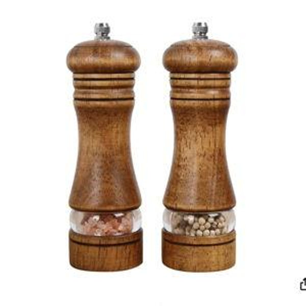 Wood Salt and Pepper Grinder Mills Sets, Classic Manual Salt Grinder Refillable Pepper Mill Sets with Acrylic Visible Window Adjustable Ceramic Grinding Rotor 6.5inch 2 Pack