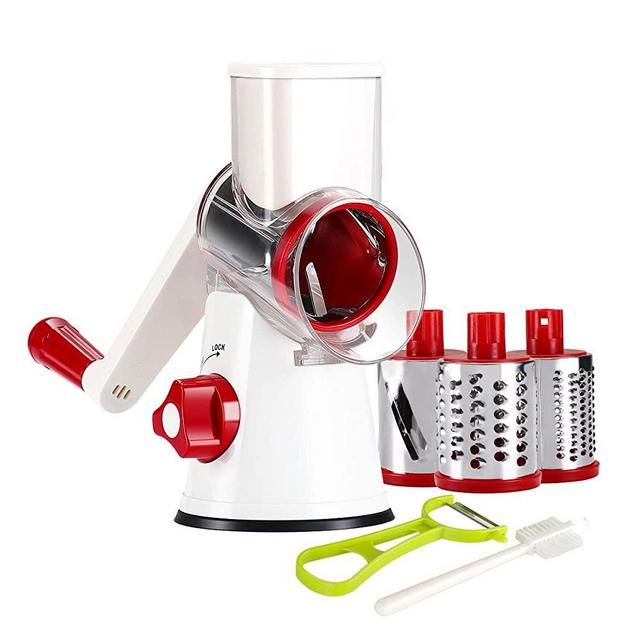 Ourokhome Rotary Cheese Grater Shredder- 3 Drum Bladea Manual Slicer Nut Grinder with Vegetable Peeler and Cleaning Brush (White red)