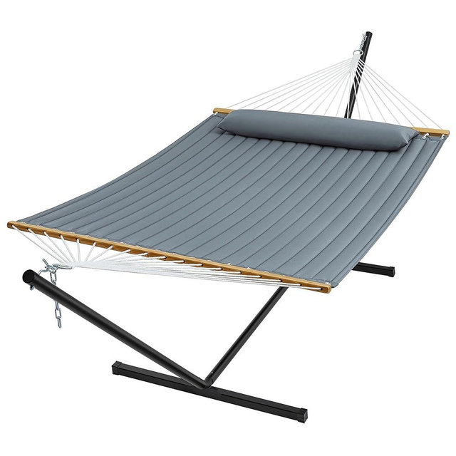 SUPERJARE Hammock with Stand, 2 Person Quilted Outdoor Hammock, Detachable Pillow & Bamboo Spreaders, Portable Hammock with Carrying Bag, Heavy Duty Stand, Perfect for Outside, Patio, Neutral Gray