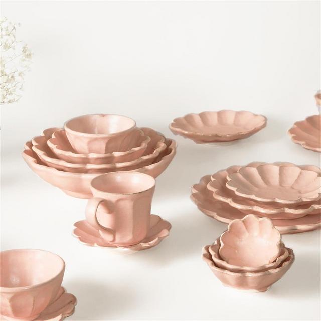 Rinka Handmade Dinnerware Set - Plate and Bowl, Pink Flower Design, Unique Japanese Ceramics by Kaneko Kohyo, Decorative Collectible Dish.
