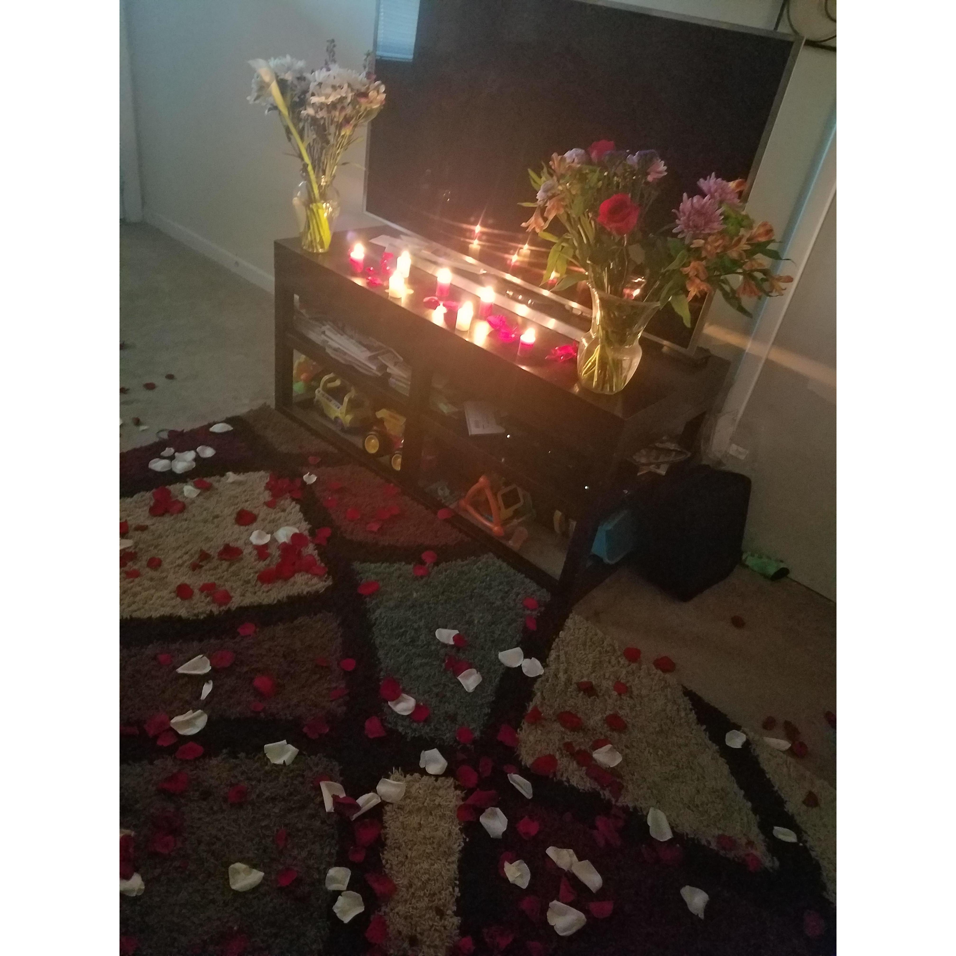 The beautiful flowers, rose petals, and candles that Billy bought and arranged for our engagement 2018