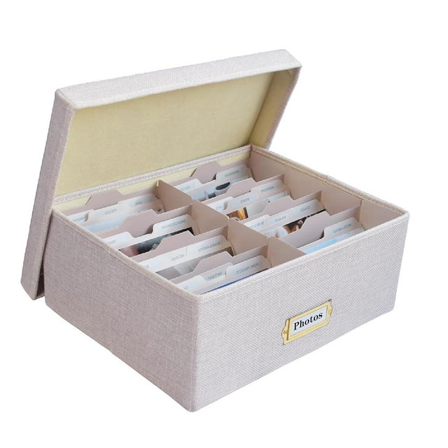 Sprsthai Linen Photo Storage Box – Holds 1700 Photos, 24 Adjustable Dividers & 72 Labels Multi-Use Organizer for Photos, Envelopes, Recipes Beige