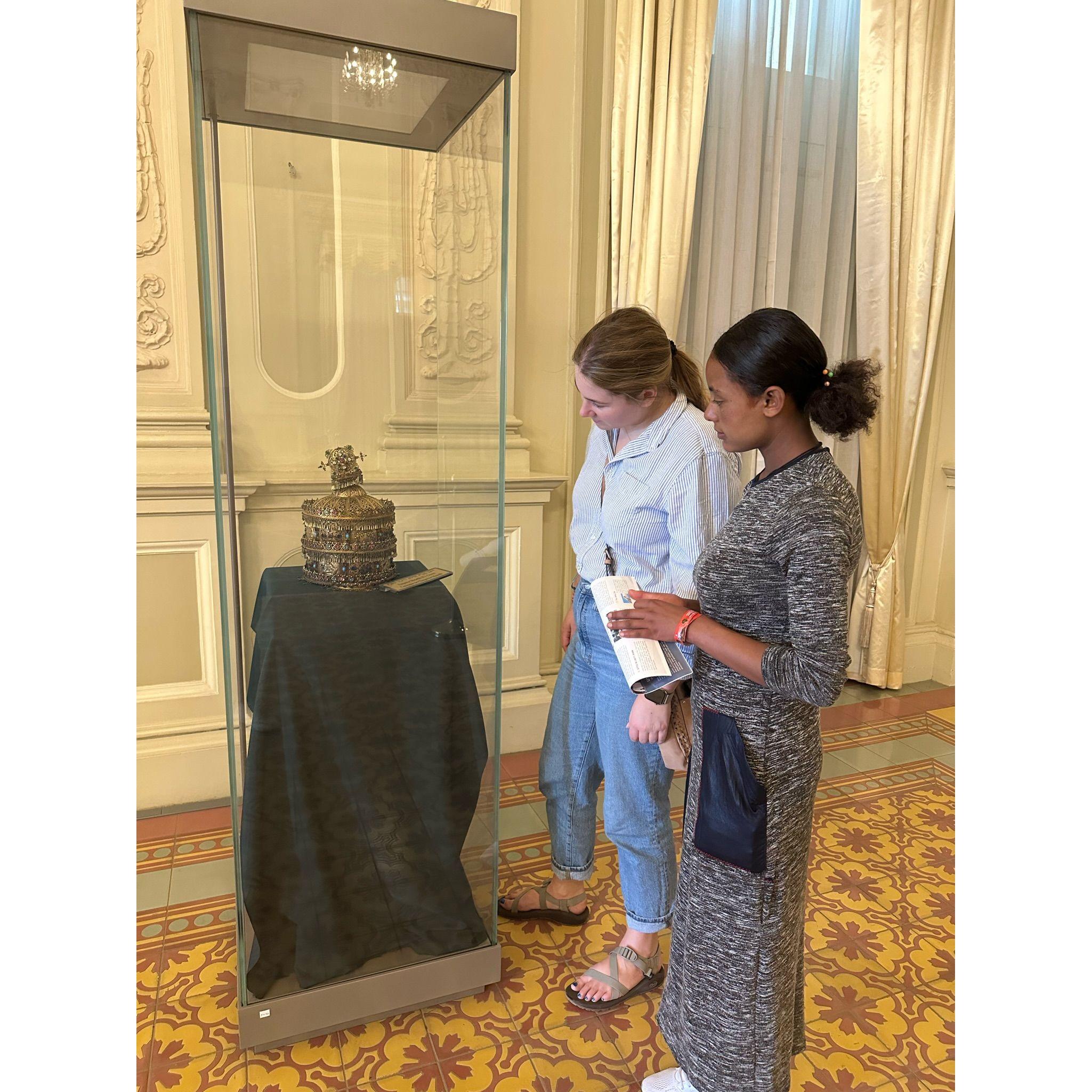 Sara, Wegene's cousin, and Grace visiting Menelik the 2nd's throne room. Good tourist outfits.