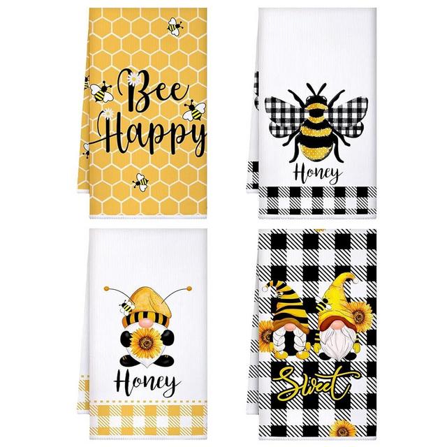 4 Pcs Bee Kitchen Towel Honey Bee Dish Towels Honeycomb Kitchen Towels Bee Bath Tea Towels Bee Hand Polyester Towel Bee Dish Cloths Absorbent for Kitchen Bathroom Home 16 x 24 Inches (Yellow, Bee)