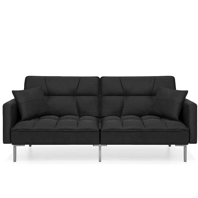 Best Choice Products Convertible Linen Fabric Tufted Split-Back Plush Futon Sofa Furniture for Living Room, Apartment, Bonus Room, Overnight Guests w/ 2 Pillows, Wood Frame, Metal Legs - Black