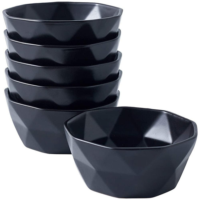 Bruntmor 6-Pack Geometric Matte 13 Oz Oven Safe Porcelain Cereal Dessert Bowls for Baking, Souffle, Ice Cream, Snack, Set of 6 serving Bowls, Black