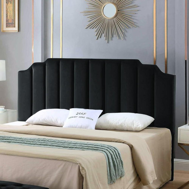 24KF Modern Velvet Upholstered King/Cal King Headboard, Tufted Headboard for King/Cal King Bed, Modern Vertical Channel Design with Curved Tufted -Black