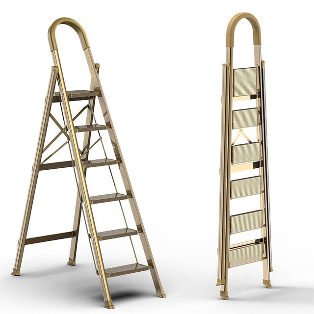 GameGem Lightweight Aluminum 6 Step Ladder for 12 Feet High Ceiling, Folding Step Stool Stepladders with Anti-Slip and Wide Pedal for Home and Kitchen Use Space Saving (Gold)