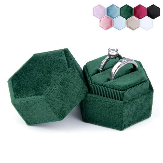 DesignSter Hexagon Velvet Ring Bearer Box - Premium Gorgeous Vintage Double Ring Display Holder with Detachable Lid for Proposal, Engagement, Wedding, Ceremony （Emerald）