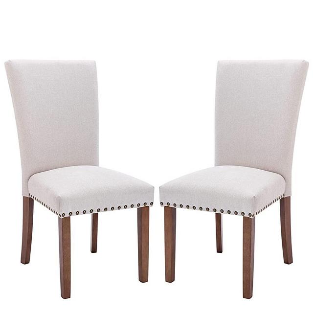 COLAMY Upholstered Parsons Dining Chairs Set of 2, Fabric Dining Room Kitchen Side Chair with Nailhead Trim and Wood Legs - Beige