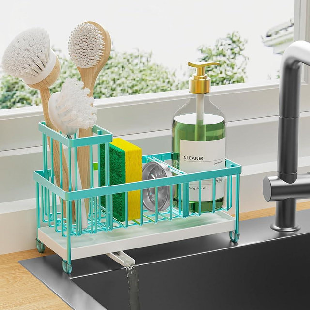 Cisily Turquoise Sponge Holder for Kitchen Sink, Sink Caddy Organizer with High Brush Holder, Kitchen Countertop Rustproof 304 Stainless Steel, Soap Dispenser Kitchen Organizers and Storage