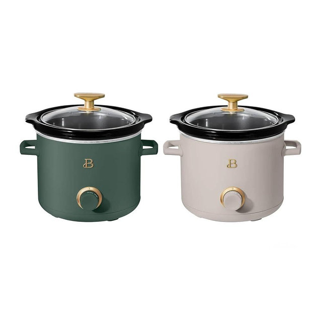 Beautiful 2 Pack Slow Cooker Crock Set- 2 Quart, Thyme Green/Porcini Taupe (120 Watts) with Adjustable Heat settings-Kitchenware by Drew Barrymore